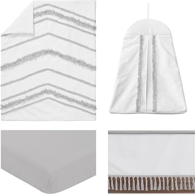 Sweet Jojo Designs Boho Bohemian Baby Boy Girl Nursery Crib Bedding Set - 4 Pieces - Grey White Farmhouse Shabby Chic Designer Modern Minimalist Gray Tuft Tufted Tassel Fringe Macrame Cotton Neutral