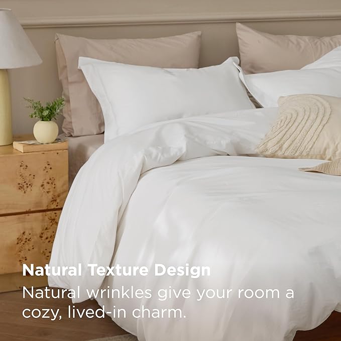 Bedsure 100% Washed Cotton Duvet Cover Queen Size - Natural White Minimalist Cotton Duvet Cover Linen Like for All Seasons - GentleSoft™ Plain Simple Bedding (Natural White, Queen, 90"x90")