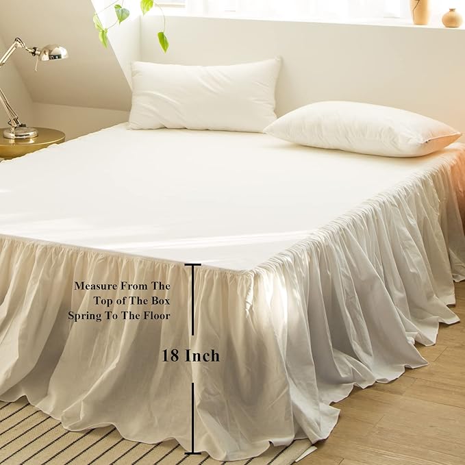 BISELINA French Linen Bed Skirt with Pleated Frills 18-Inch Tailored Drop Natural Flax Cotton Blend Dust Ruffle Soft Cozy Farmhouse Bedding (18" Queen, Ruffle White)