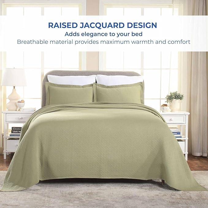 Superior 3 Piece Basketweave Cotton Bedspread Set, Home Bed Decor, Decorative Bed Spread, 2 Pillow Shams, Medium Weight Blanket, Matelasse Coverlet Bedding, Geometric Lattice Pattern, King, Sage