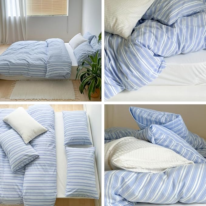 LifeTB Blue Striped Duvet Cover Twin XL, 100% Washed Cotton Blue White Stripes Pattern Printed Bedding Set, 3 Pieces Breathable Comforter Cover with 2 Pillowcases, Soft Farmhouse Striped Bedding Set