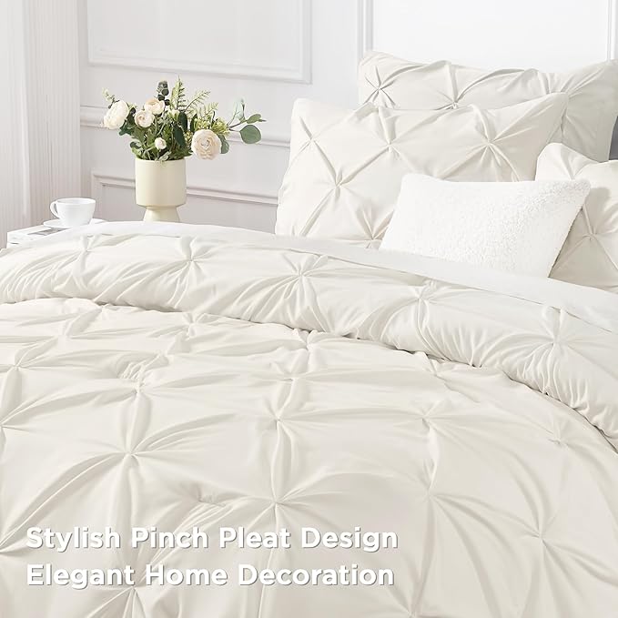 Andency California King Comforter Set Ivory (104x96Inch), Pinch Pleat Cal King Comforter Set 3 Pieces, Oversized King Pintuck Bed Comforter, Microfiber Down Alternative Comforter Bedding Set