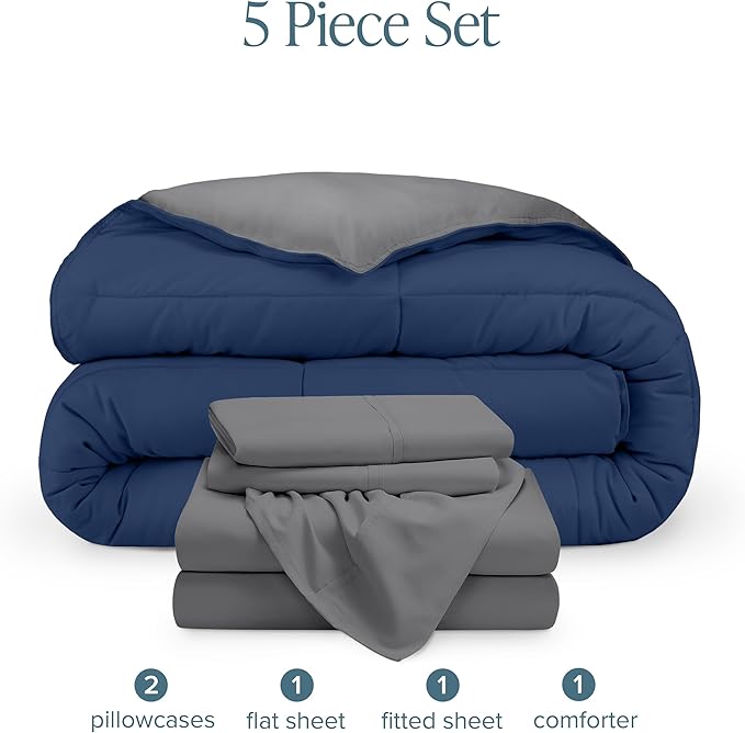 Bare Home Reversible Bed-in-A-Bag Comforter & Sheet Set - Split Head Flex King - Down Alternative - Soft - Bedding Set (Split Head Flex King, Dark Blue/Grey, Grey)
