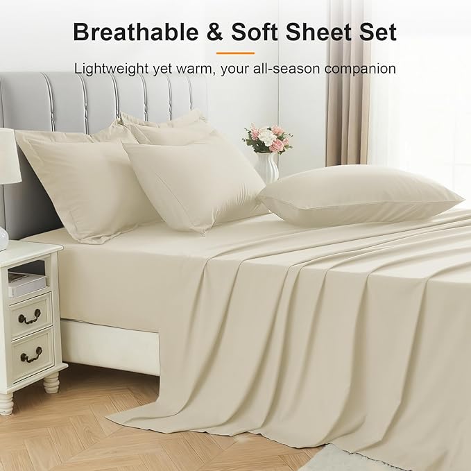 Queen Comforter Set 7 Piece - Soft Bed in a Bag Queen Size Comforter Sets, Cozy Luxury Bedding Sets with All Season Comforter, Flat Sheet, Fitted Sheet,2 Pillowcases & 2 Shams, Beige