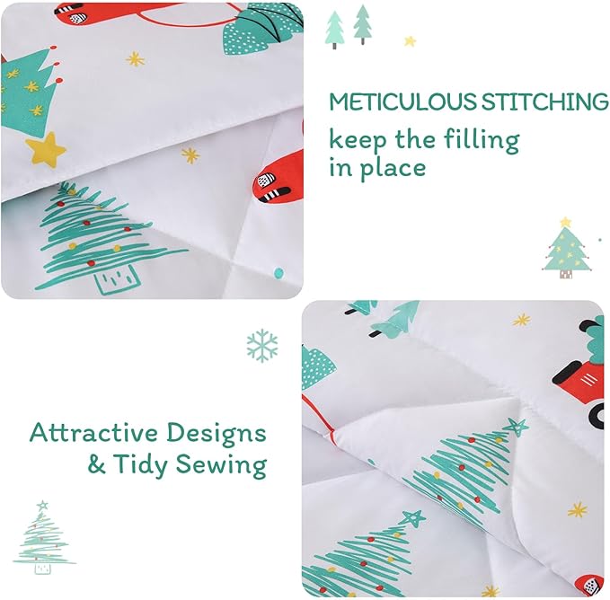 JSD Cars Kids Christmas Comforter Set Queen Size, 3 Piece Tree Printed Microfiber Holiday Winter Bedding Set