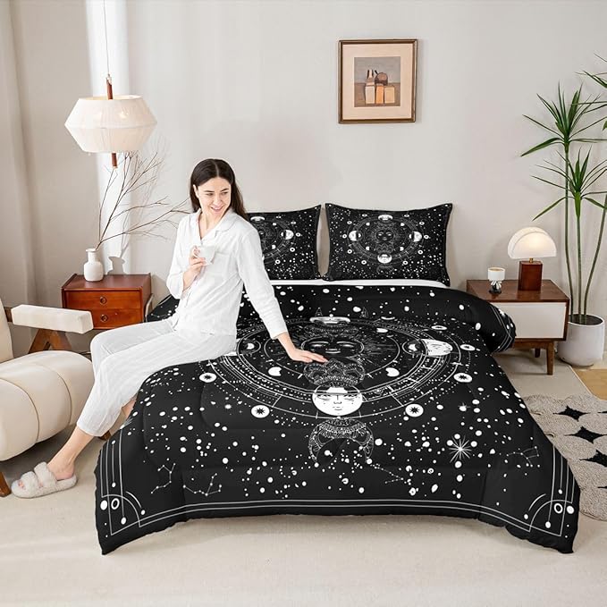 Sun and Moon Comforter Twin Size Black and White Psychedelic Constellation Comforter Set Boho Exotic Mandala Bedding Set Galaxy Astrology Space Duvet Set Soft Chic Mystic Star Room Decor Quilt Set