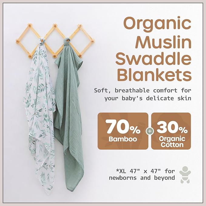 Organic Baby Muslin Swaddle Blankets for Boy or Girl - Eucalyptus Leaves and Sage Swaddling Blanket 2 Pack - Soft Muslin, XLarge and Breathable, Boho Baby, 47" X 47"