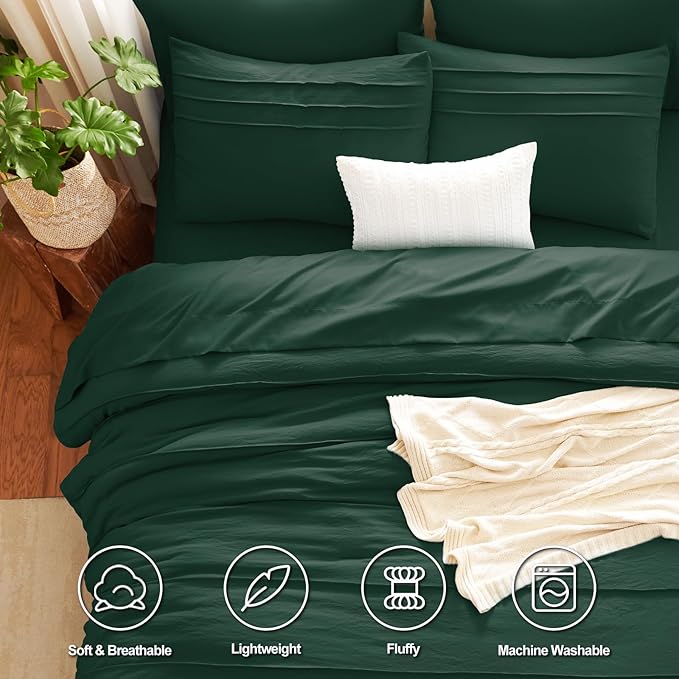 CozyLux King Size Comforter Set Emerald Green, 7 Pieces Soft Pinch Pleat Bed in a Bag King Comforter Set with Sheets, Bed Set with Down Alternative Comforter, Sheets, Pillowcases & Shams