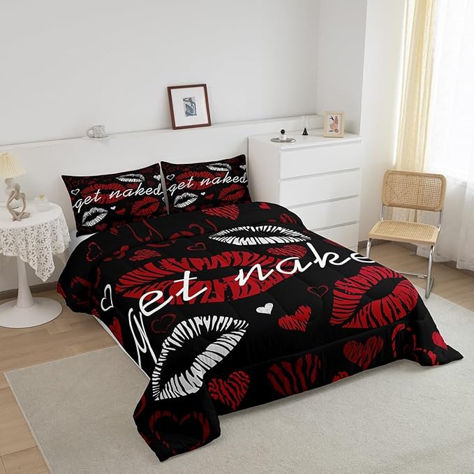 Feelyou Sexy Lips Comforter Funny Get Naked Comforter Set for Couple Lover Kiss Bedding Set White Red Woman Mouth Pattern Decor Duvet Set Room Decor Twin Size Quilt Set 2Pcs
