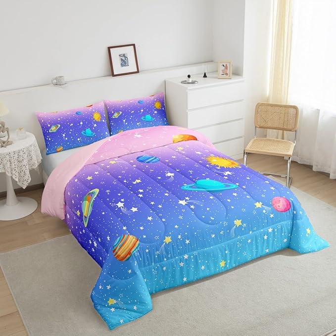 Erosebridal Cute Galaxy Comforter Set King for Boys Girls Kids Stars Planet Space Bedding Set Kawaii Rainbow Pastel Bedding Comforter Sets Pink Blue Purple Ombre Cartoon Quilt Duvet 2 Pillow Cases