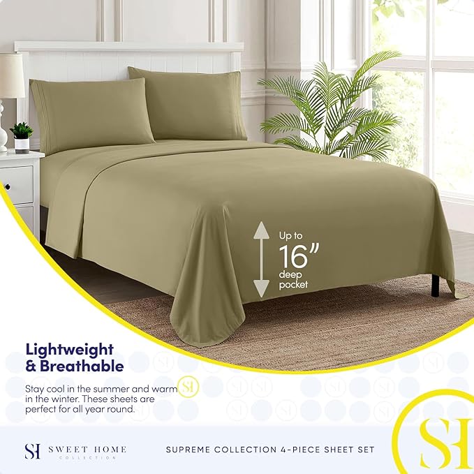 Split King Sheets - Breathable Luxury Sheets with Full Elastic & Secure Corner Straps Built In - 1800 Supreme Collection Extra Soft Deep Pocket Bedding Set, Sheet Set, Split King Size, Sage
