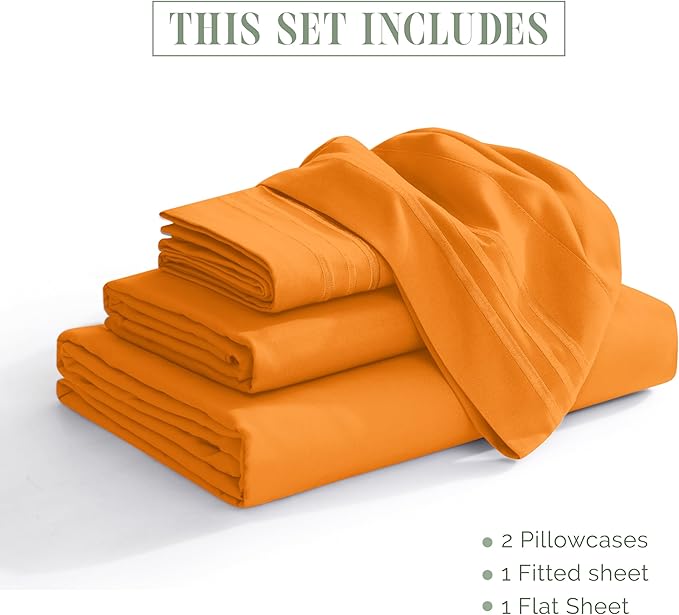 Elegant Comfort Luxurious 1500 Premium Hotel Quality Microfiber Three Line Embroidered Softest 4-Piece Bed Sheet Set, Wrinkle and Fade Resistant, Queen, Orange