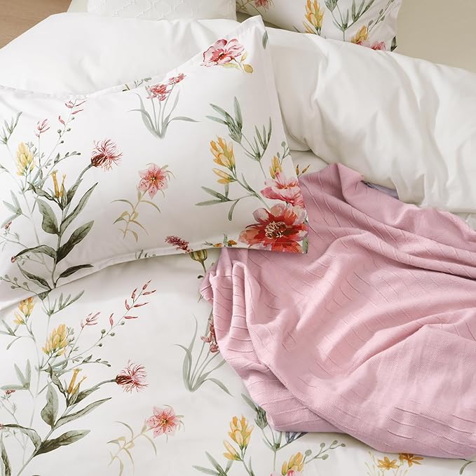 PHF Ultra Soft Floral Duvet Cover Queen Size, Printed Bedding Set 3 Pieces, Comfy Durable Farmhouse Duvet Cover Set with 2 Pillow Shams, Zipper Closure and 8 Ties, 90"x90", White & Yellow