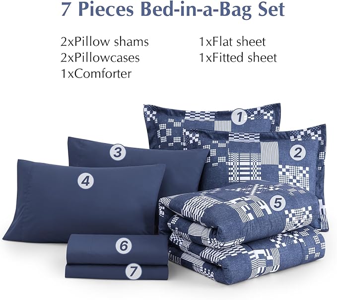 Queen Comforter Set Navy Blue, Plaid Bedding Set 7 Pieces for Boys Girls Teen, Classic Homestead-Style Comforter Set Bed in A Bag with Sheets, Pillowcases & Shams