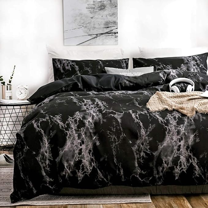 Nanko Bedding Queen Duvet Cover Set Dark Black Marble, 3 Piece - 1000 - TC Luxury Microfiber Quilt Cover with Zipper Closure, Ties - Organic Modern Style for Men and Women