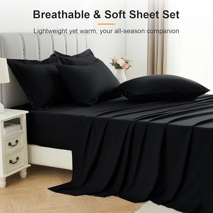 Oversized King Comforter Set 7 Pieces - Ultra-Soft Bed in a Bag, Cozy Luxury All Season Bedding Sets with Comforter, Flat Sheet, Fitted Sheet, 2 Pillow Shams & 2 Pillowcases, Black
