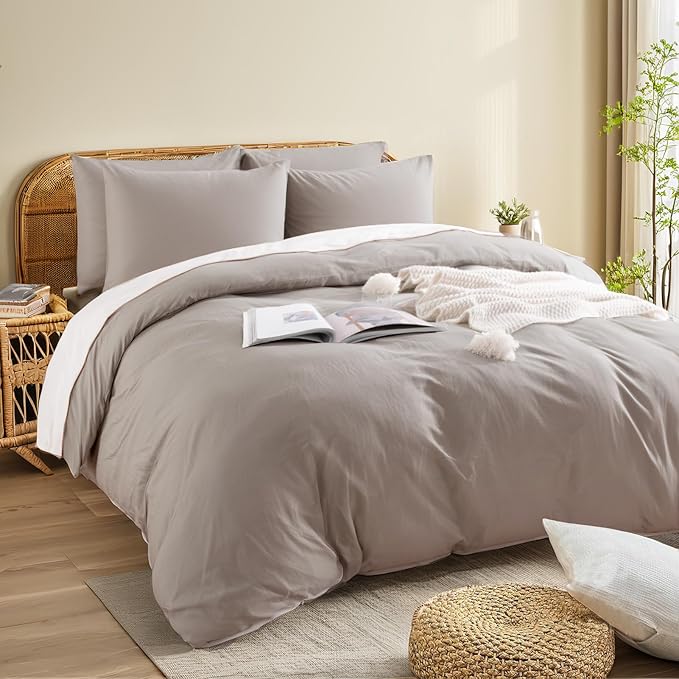 NEXHOME PRO Duvet Cover Set 100% Washed Cotton Oversized King 120"x98" Linen Feel Textured Organic Natural 3 Pieces Bedding Set with Zipper Closure, Breathable (Linen Grey, No Comforter)