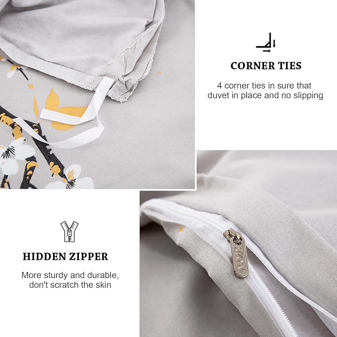 WONGS BEDDING Light Grey Duvet Cover Set Queen, Flower Plum Blossom Prnited Bedding Set with 1 Pillowcase,3 Pcs Soft Microfiber Comforter Cover with Zipper Closure for Kids 90"x90"(Not Comforter)