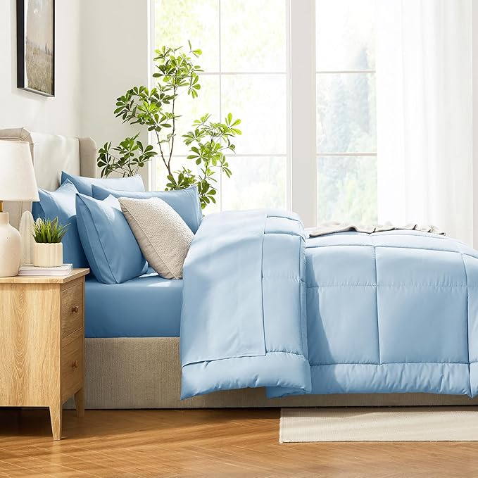 CozyLux Queen Size Comforter Sets Baby Blue, 7 Pieces Bed in a Bag, Blue Comforter Queen Size, All Season Bedding Sets with Stitch Quilted Comforter, Flat Sheet, Fitted Sheet, Pillowcases