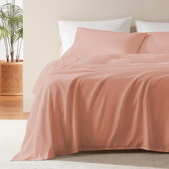 SLEEP ZONE Nanotex Super Soft Cooling Twin Bed Sheets Set for Kids 3 Piece - Easy Care Fitted Flat Sheet & Pillowcase Sets - Wrinkle Free, Fade Resistant, Deep Pocket 16" (Dull Pink, Twin)