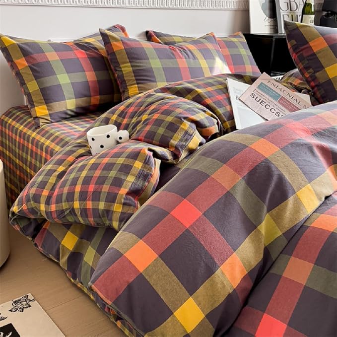 LifeTB Twin XL Comforter Set Modern Style Plaid Checkered Pattern Comforter with 2 Pillowcases Gingham Bedding Comforter Set Multicolor Grid Bed Comforter Fluffy Lightweight Bedding Set Twin XL