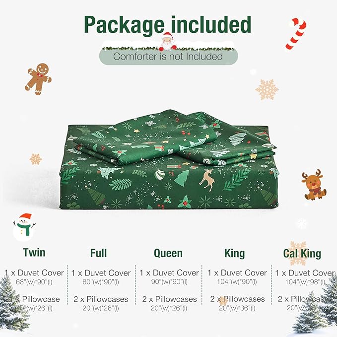 Lekesky Christmas Duvet Cover Queen Size,3 Pieces Reversible Duvet Cover Set with Red Snowflake Holiday Bedding Set with Zipper and 8 Corner Ties (Queen,90"x90"),Green
