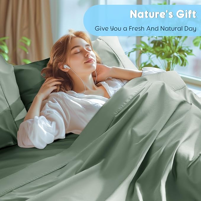 SONORO KATE 100% Egyptian Cotton Sheets Set, Extra Deep Pocket up to 18"-24",1000 High Thread Count, Soft & Breathable 5-Star Hotel Sateen Bed Sheets - 4 PC (Sea Glass,Queen)