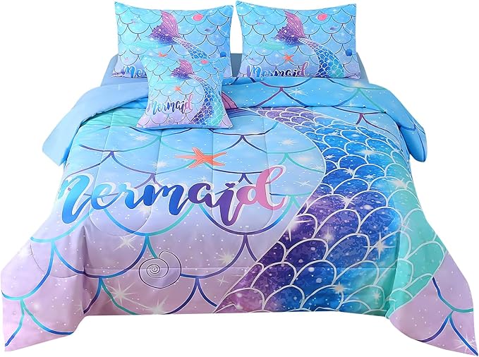 JQinHome Mermaid Comforter Set Full Size, 6 Piece Mermaid Tail Bed in A Bag,3D Colorful Mermaid Bedding Set for Girls Kids, Sparkle Teal Bedroom Decor Bedding Set with Sheets (Blue)