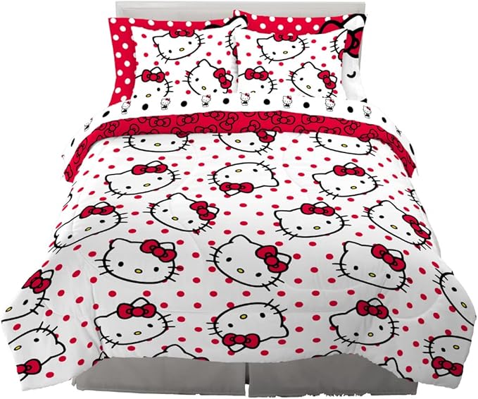 Franco Collectibles Hello Kitty Polka Dot Bedding 7 Piece Super Soft Comforter and Sheet Set with Sham, Queen, (Official Licensed Product)