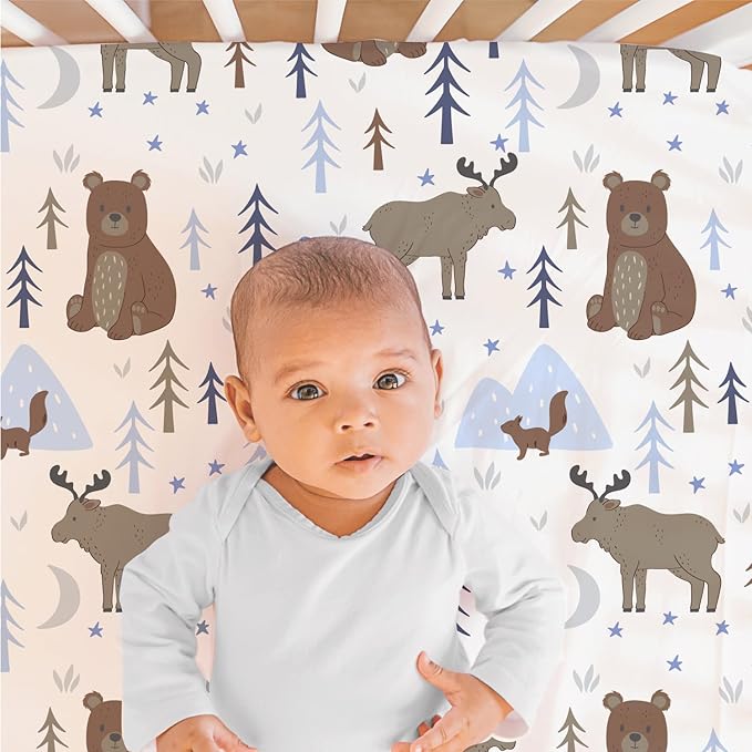 The Peanutshell 3 Piece Baby Crib Bedding Set for Boys - Newborn, Infant & Toddler Nursery Bed Set Decor with Fitted Crib Sheet, Dust Ruffle Comforter - Under The Stars