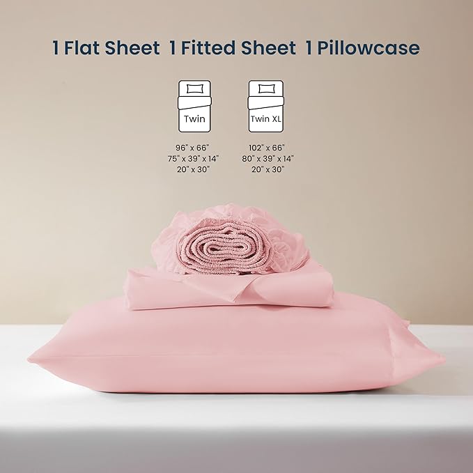 SLEEP ZONE Nanotex Super Soft Cooling Twin Bed Sheets Set for Kids 3 Piece - Easy Care Fitted Flat Sheet & Pillowcase Sets - Wrinkle Free, Fade Resistant, Deep Pocket 16" (Ballet Pink, Twin)