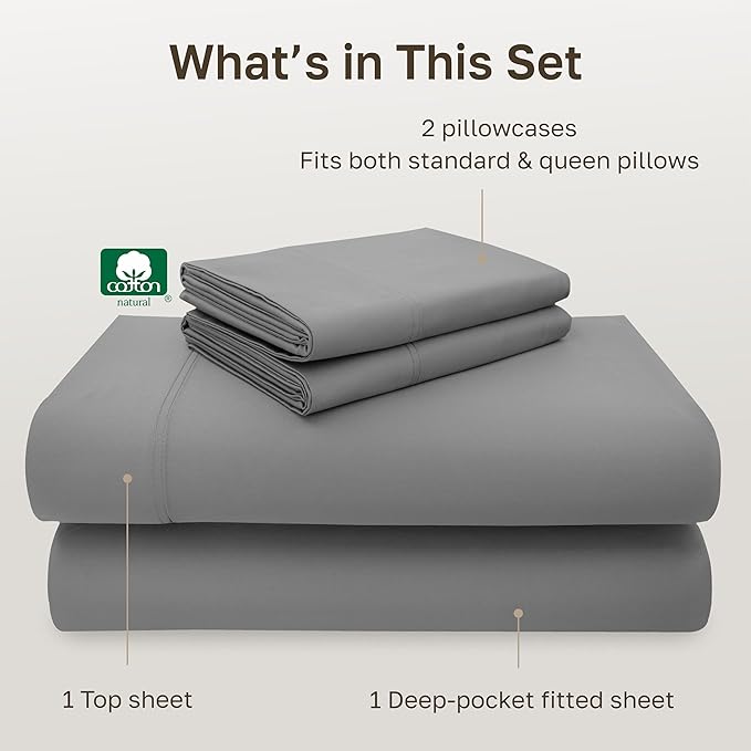 California Design Den - Luxury Full Size Sheet Set - 100% Cotton, 600 Thread Count Deep Pocket Full Size Bed Sheets, Hotel-Quality Cooling Sheets with Sateen Weave - Mist Grey