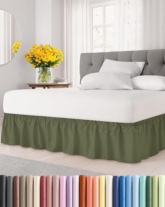 Wrap Around Dust Ruffle Bed Skirt - Sage Green - Twin/Twin XL Size Beds with 24 Inch Drop - Elastic Strap - Adjustable Pleated Bedskirt with Brushed Fabric and Wrinkle Free - Women, Men, Kids & Teens