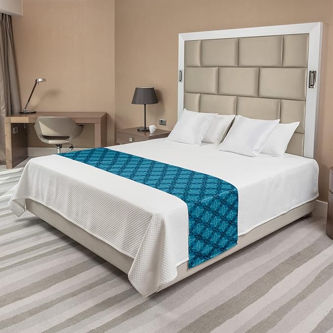 Lunarable Flower Bed Runner, Moroccan Flowers Design Geometric Blossoming Petal Pattern, Decorative Accent Bedding Scarf for Hotels Homes and Guestrooms, King, Ocean Blue