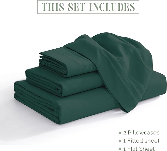 Elegant Comfort Luxurious 1500 Premium Hotel Quality Microfiber Three Line Embroidered Softest 4-Piece Bed Sheet Set, Wrinkle and Fade Resistant, Twin/Twin XL, Hunter Green