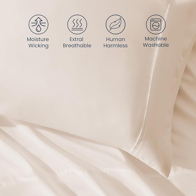 SLEEP ZONE Nanotex Super Soft Cooling Twin Bed Sheets Set for Kids 3 Piece - Easy Care Fitted Flat Sheet & Pillowcase Sets - Wrinkle Free, Fade Resistant, Deep Pocket 16" (Beige, Twin)