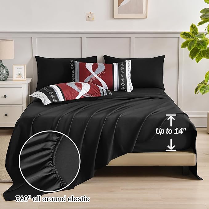 Burgundy Comforter Set Full Size,8 Pieces Striped Bed in a Bag,Patchwork Comforter with Sheets Set Soft Microfiber Boho Bedding Sets(78"×90")