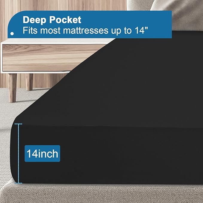 Queen Mattress Protector Waterproof, Queen Size Mattress Pad Cover, Soft & Breathable Fitted Bed Sheet for Bed with Deep Pocket and Elastic Rubber Band Up to 14 Inches, Black