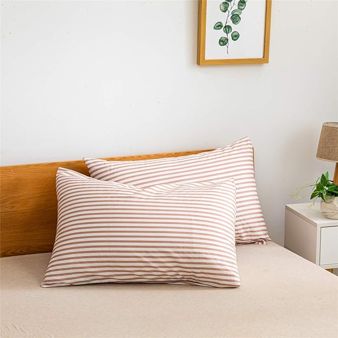 JELLYMONI 100% Natural Cotton 3pcs Striped Duvet Cover Sets,White Duvet Cover with Pink Stripes Pattern Printed Comforter Cover,with Zipper Closure & Corner Ties(King Size)