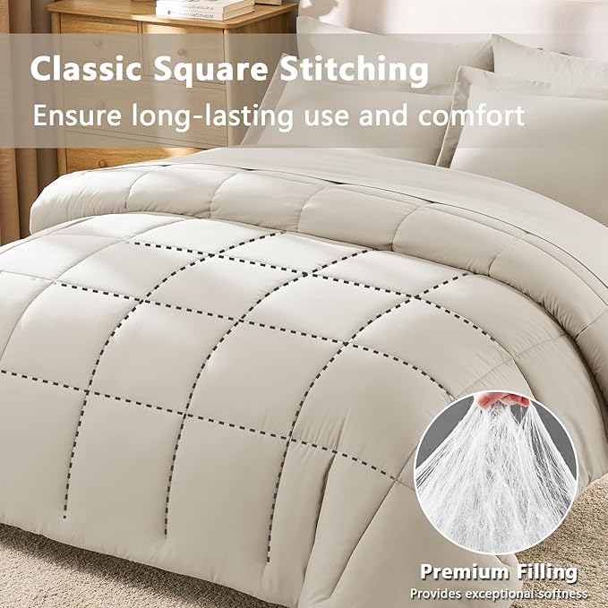 CozyLux Queen Comforter Set Beige - 7 Pieces Bed in a Bag Queen, All Season Breathable Bedding Sets, Oeko-Tex Certified Bed Set with Down Alternative Comforter, Sheets, Pillowcases & Pillow Shams