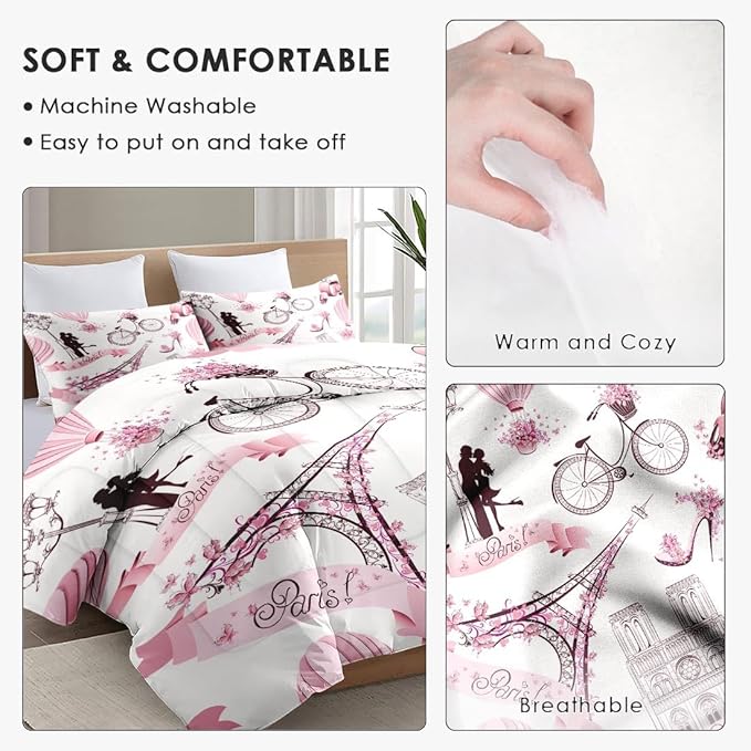 Queen Size Comforter Set with 2 Pillowcases, Vintage Paris Eiffel Tower Love Soft 3 Pcs Bedding for Kids and Adults Bedroom Bed Decor