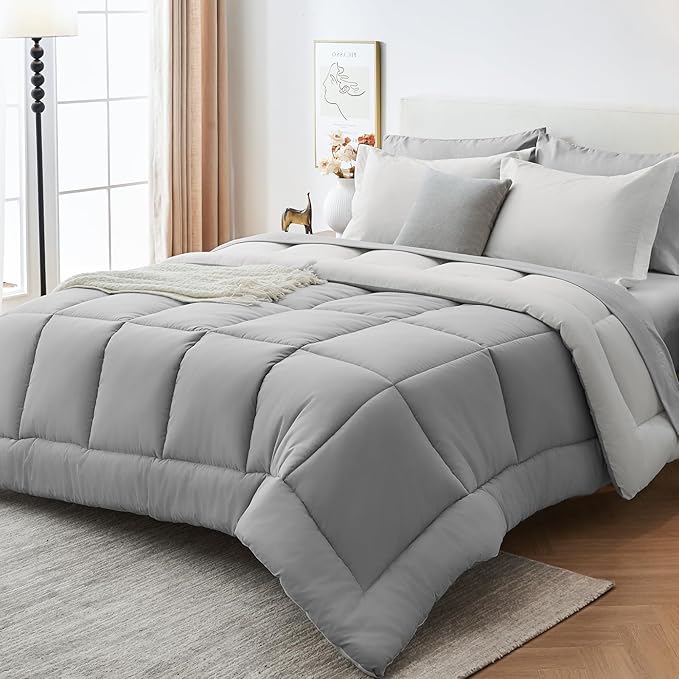 Sasttie King Size Comforter Set, 7 Pieces Bed in a Bag King, Complete Bedding Set Includes Comforter, Flat Sheet, Fitted Sheet, Pillowcases and Pillow Shams, Ivory & Light Grey