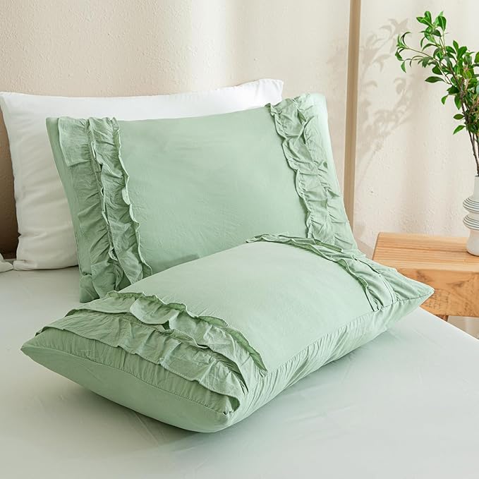 Bedorm Sage Green Ruffled Duvet Cover Twin Size Bedding Set Pleated Lace Ruffle Shabby Chic Bedroom Decor Extra Soft Cozy Farmhouse Country Style Duvet Cover Sets