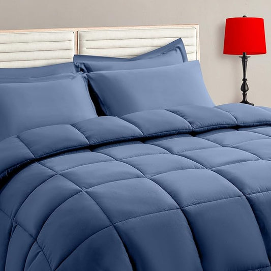 TAIMIT Slate Blue Twin Size Comforter Set - 5 Pieces, Bed in a Bag Bedding Sets with All Season Soft Quilted Warm Fluffy Reversible Comforter,Flat Sheet,Fitted Sheet,1 Pillow Shams,1 Pillowcases