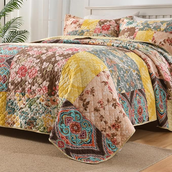 Autumn Dream Cotton Bedspread Quilt Sets Reversible Bedding Coverlet Sets, Luxury Vintage Floral Patchwork Yellow Bedspread, King Size | Breathable material, Reversible, Handmade patchwork, soft durable, Jacquard stitching