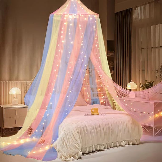 Bed Canopy with Lights, Bed Canopy for Girls Princess with Luminous Stars, Canopy Bed Curtains for Twin to King Size Bed, Baby Kids Adult Indoor Decor Bedroom Reading Nook Outdoor Camping, Rainbow