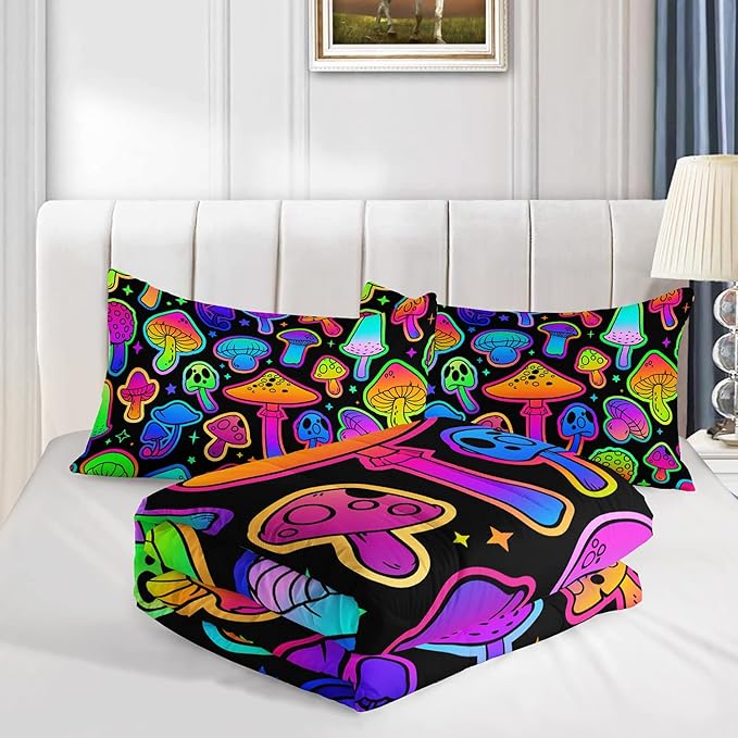 Mushroom Comforter Set Kids Bedding Set Full,3Pcs Colorful Soft Black Gradient Mushroom Quilt Set Bed in A Bag with 1 Comforter 2 Pillowcases for Kids Boys Girls Teens Adults Room Decor All Season