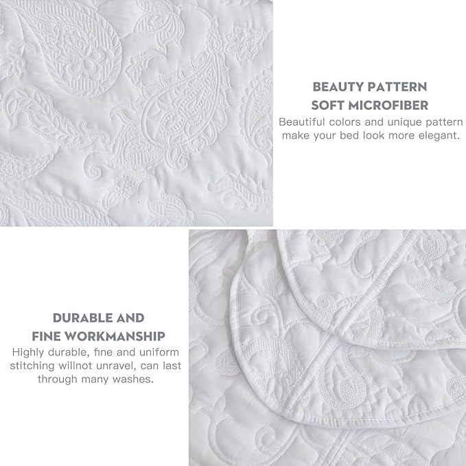 HZ & HY Queen Size Bedspread, Quilted Coverlet Bedding Set, Lightweight Thin Comforter, Reversible, Luxurious, 5 Piece, 100% Microfiber, Queen, White