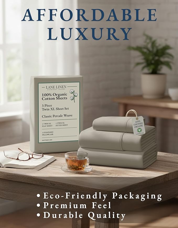 LANE LINEN Twin XL Bed Sheets Set - 100% Mercerized Organic Cotton Twin XL Sheets Set, Soft & Comfy Percale Weave, Machine wash Low Pilling Fade Resistant Luxury Hotel Style Twin XL Sheet Set - Silver