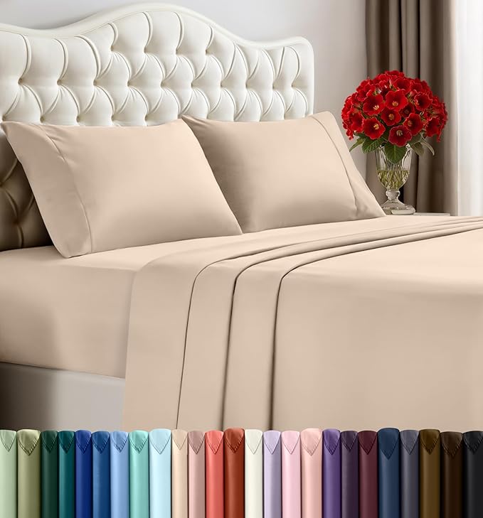 Utopia Bedding Queen Size Sheet Set – 4 Piece Bed Sheets, Soft and Breathable Microfiber, Includes 1 Fitted Sheet, 1 Flat Sheet and 2 Pillowcases – Oeko Tex (Beige)